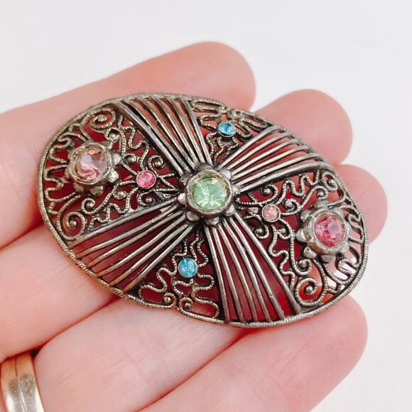 Antique Edwardian Uranium Glass Brooch Filigree 1910s Art Deco Transition VTG - Picture 2 of 10